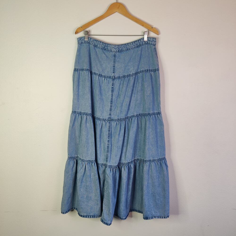Maurices Button Fly Tiered Denim High Rise Western Prairie Midi Maxi Skirt 14 - Picture 3 of 11